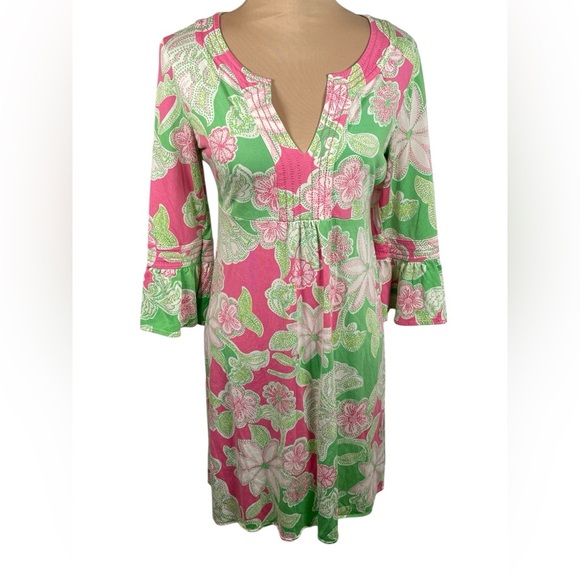 LILLY PULITZER PINK Green white silk knit FLORAL Caftan TUNIC DRESS Medium - Picture 1 of 6